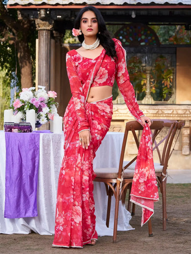 Desirable Red Floral Printed Chiffon Event Wear Saree With Blouse